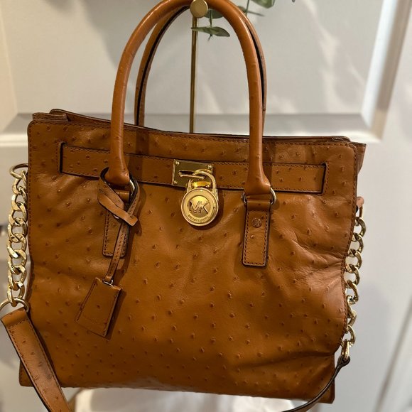 Authentic Michael Kors Large Hamilton Ostrich Embossed Leather Shoulder Satchel - Picture 7 of 16